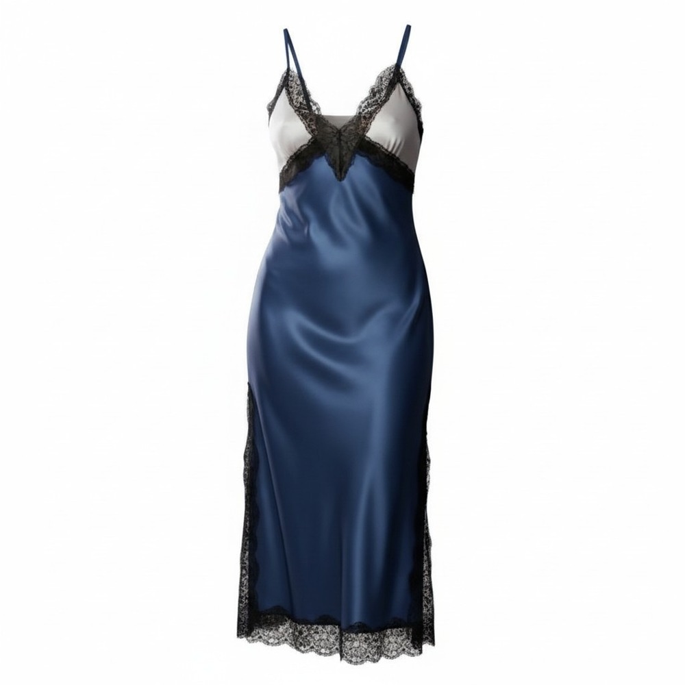NWT Intimately Free People Blue Ivory Lace Trim Satin Slip‎ Dress Large OB465248